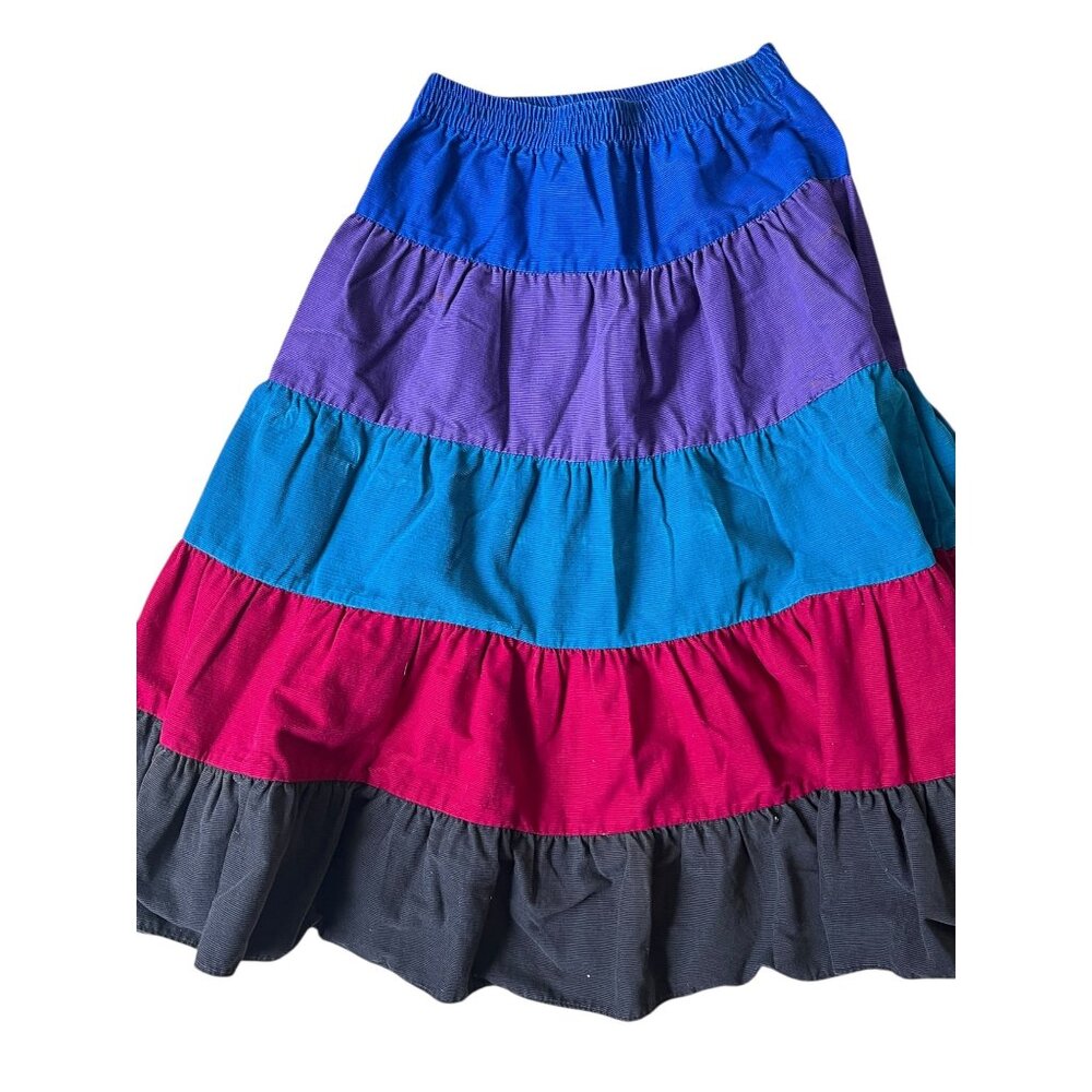 Y2K SWAT Corduroy Midi Maxi Skirt Womens Medium Ruffle Colorblock Peasant Artsy
